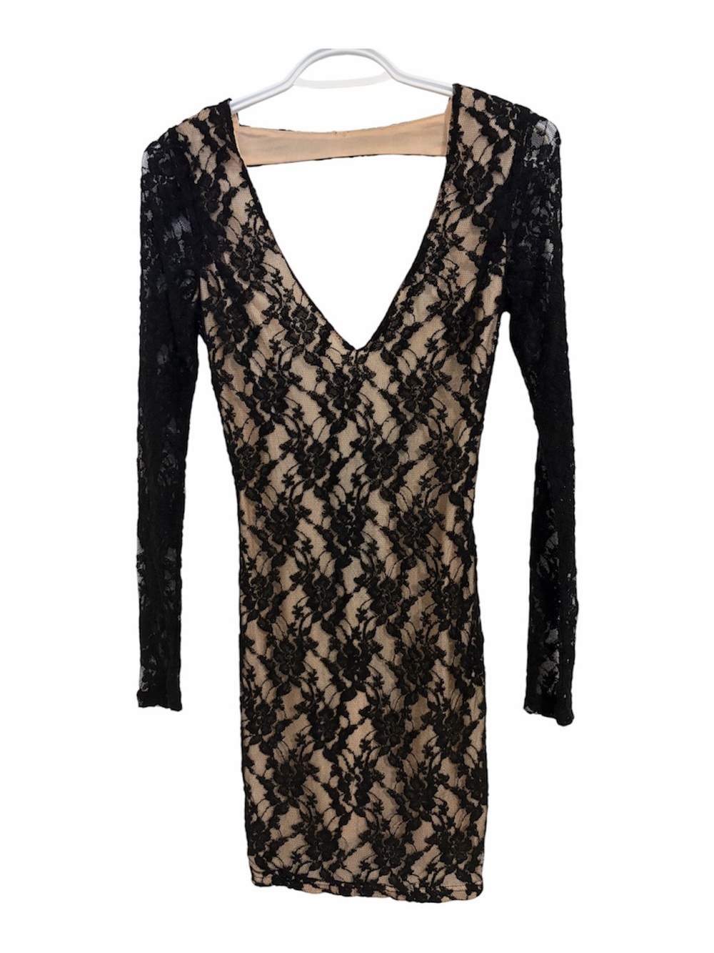 Hot Miami Styles Black Lace Over Nude Deep V Bodycon Mini Dress